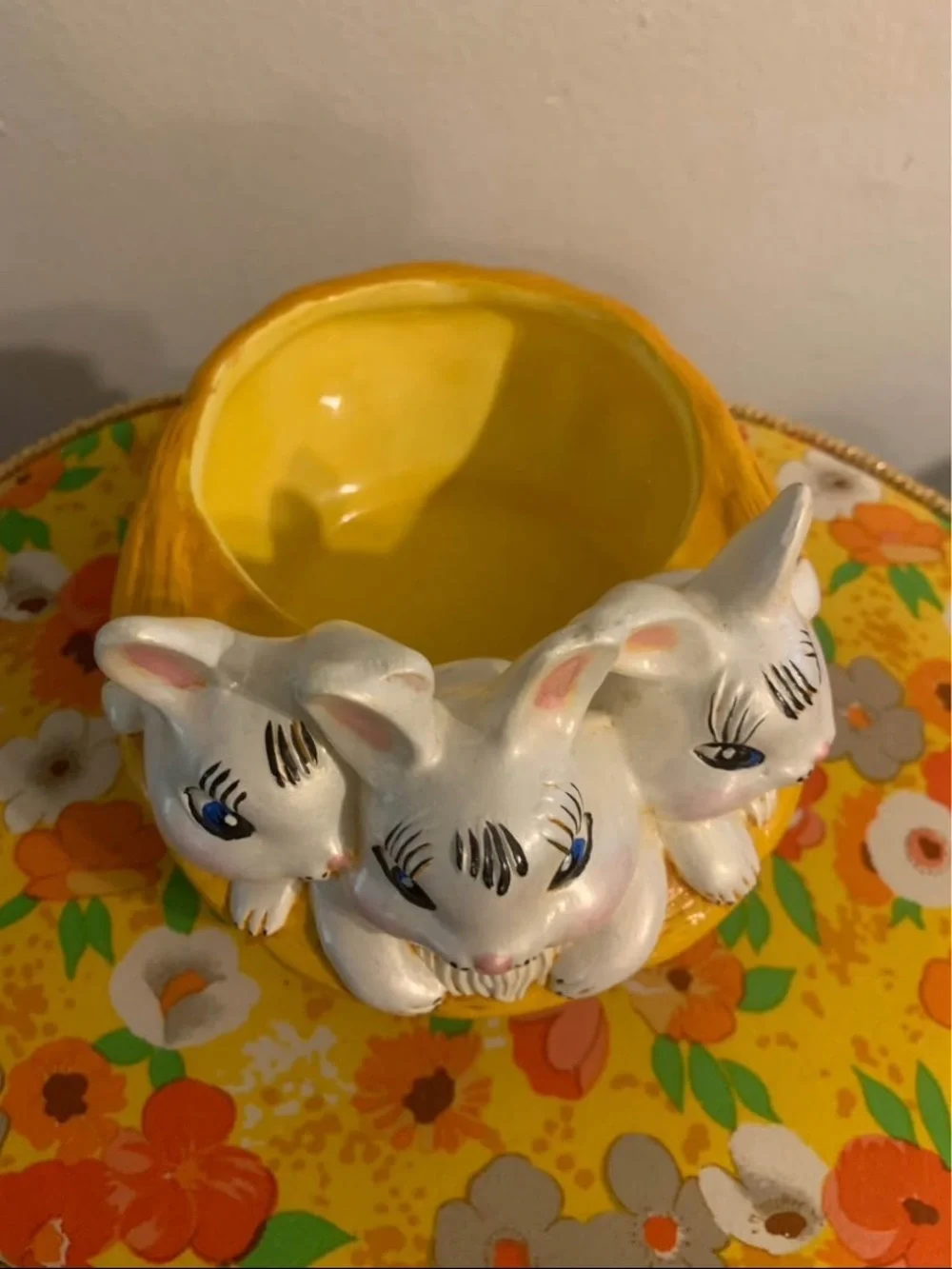 Vintage retro bunnies in basket planter/ bowl